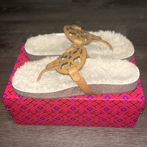 Tory Burch Miller Cloud Tan Shearling Slides